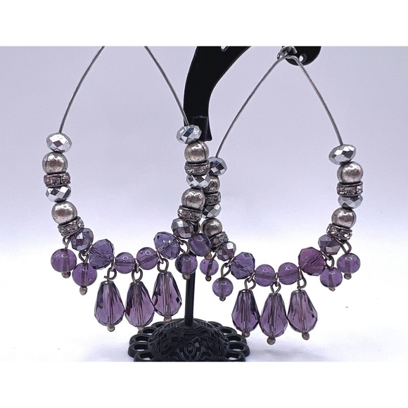 Amethyst Color Beaded Hoop Earrings Silver Tone Dangle 3" Boho Chic - Picture 2 of 4